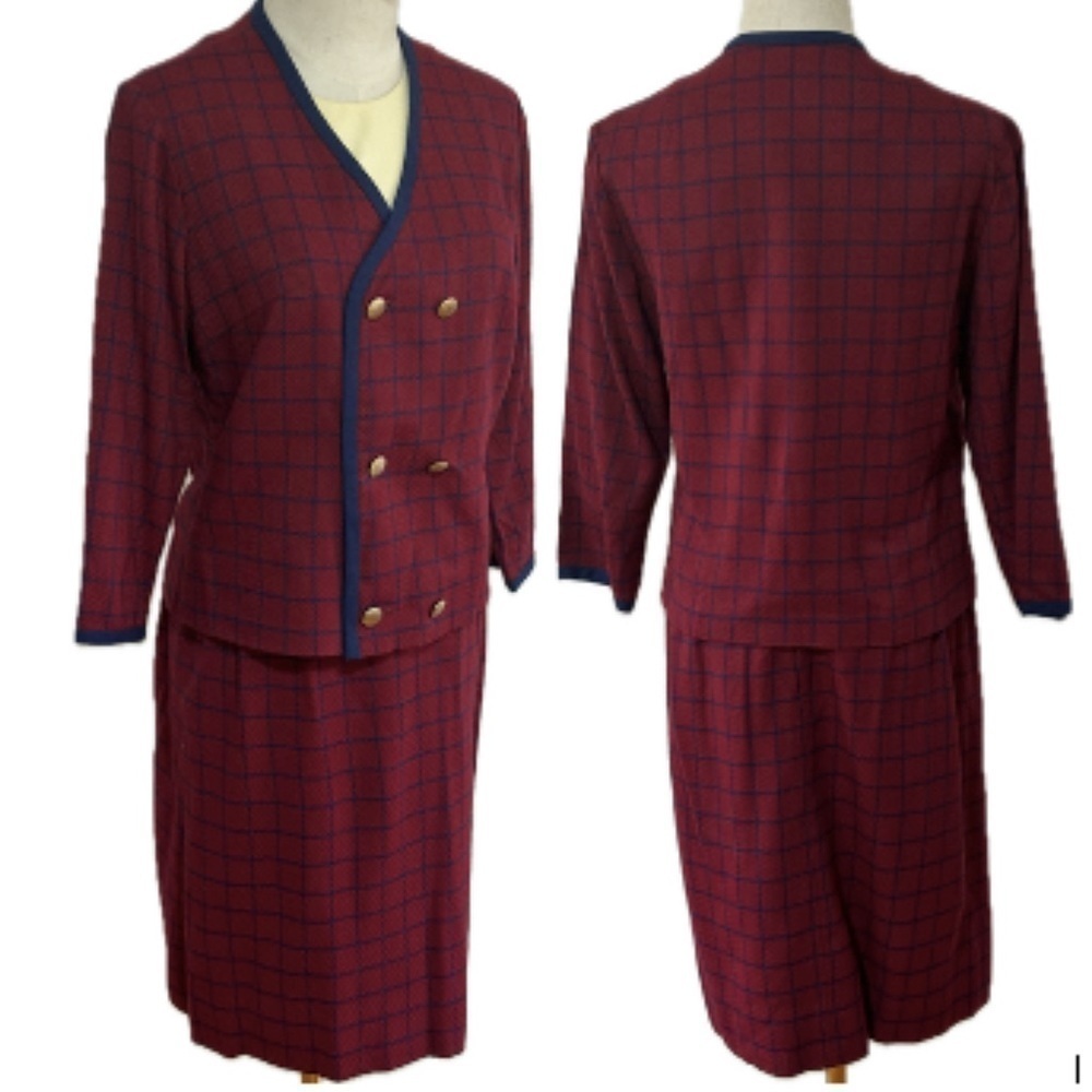 50s 60s 2PC BURGUNDY RED & NAVY MCM TATTERSALL SUIT MISS COUTURE VINTAGE VGC 12